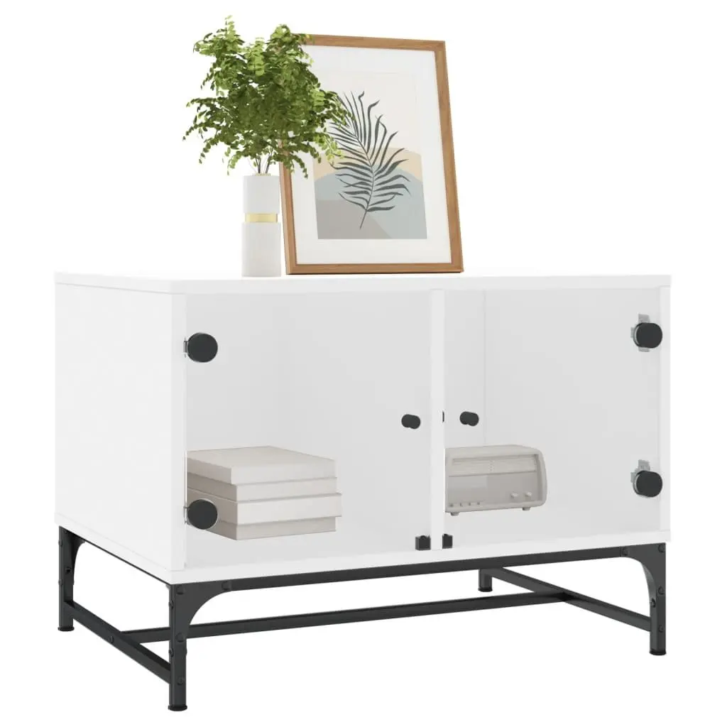 Coffee Table Living Room White 68.5 x 50 x 50 cm Glass Doors Storage Display Furniture