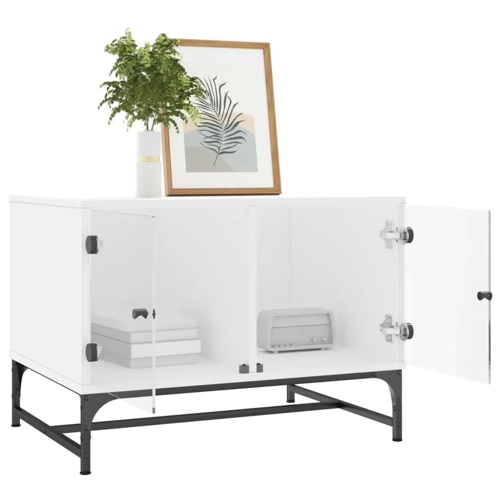 Coffee Table Living Room White 68.5 x 50 x 50 cm Glass Doors Storage Display Furniture