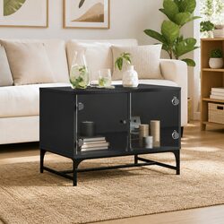 Black Coffee Table with Glass Doors: 68.5 x 50 x 50 cm