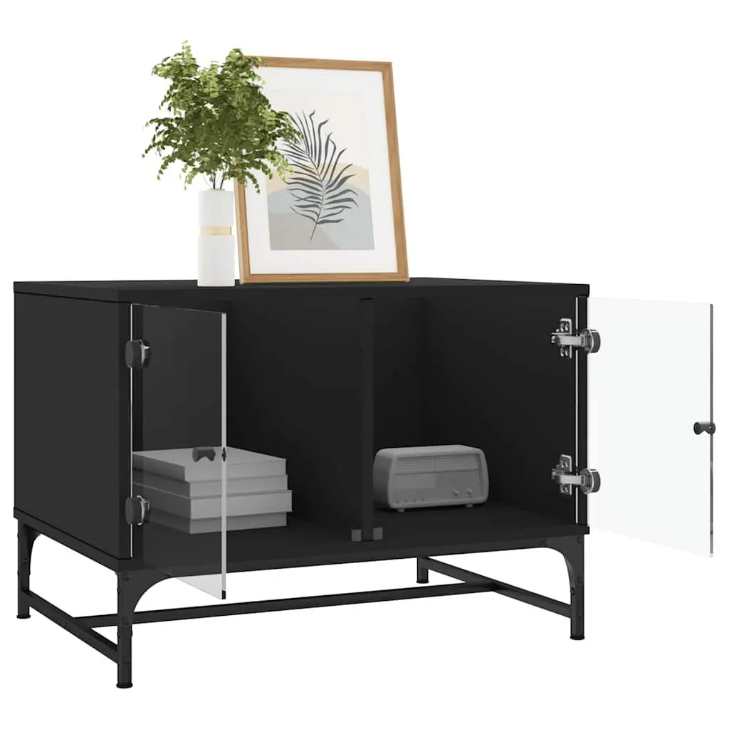 Coffee Table Black with Glass Doors Storage Display Accent Living Room Furniture