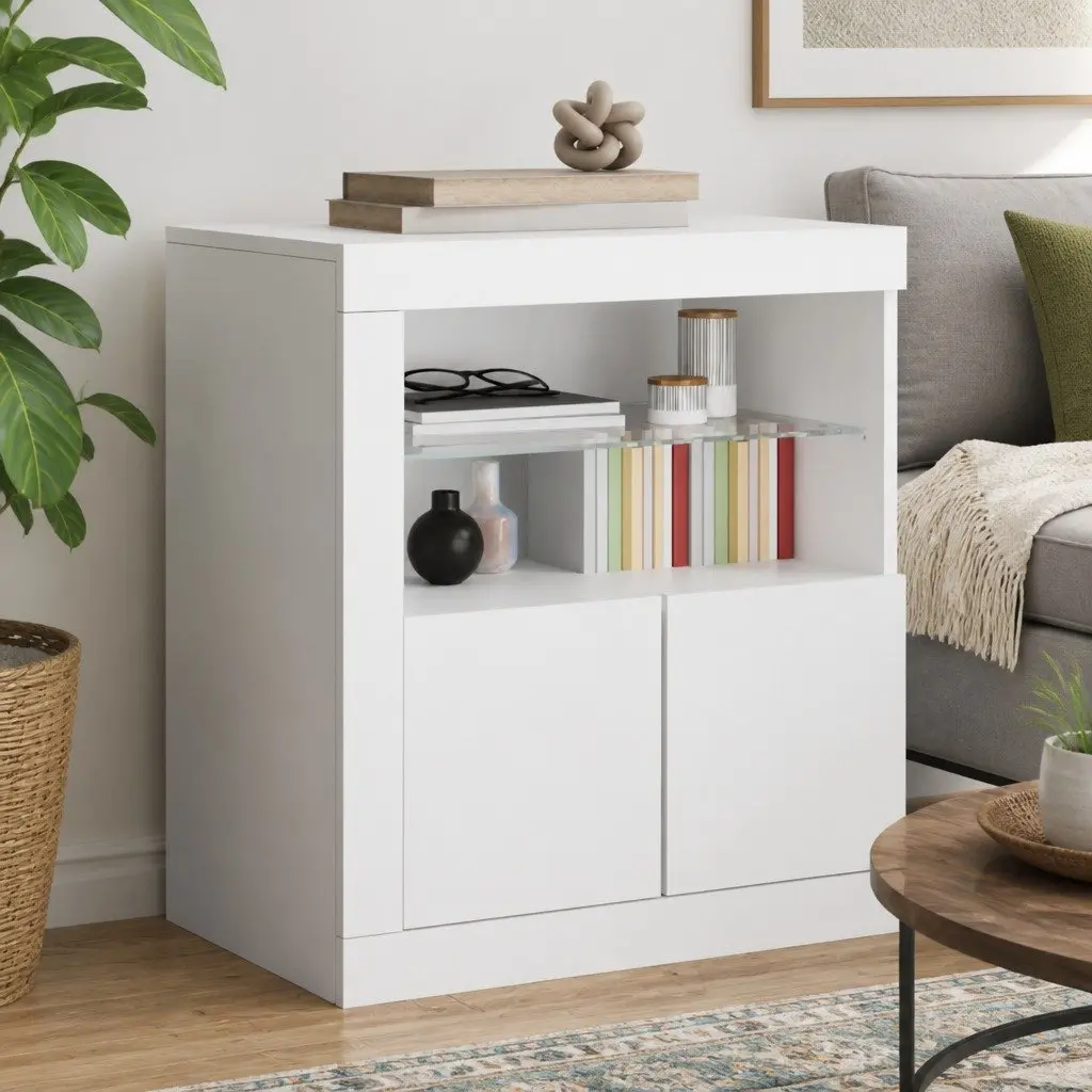 White Sideboard Storage Cabinet for Living Room with RGB LED Lights 60.5W x 37D x 67H cm