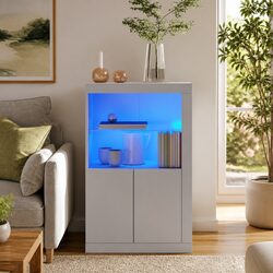 Side Cabinet with RGB LED Lights White Engineered Wood Storage with Glass Shelf