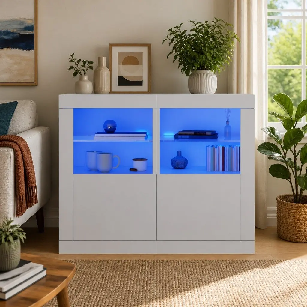 RGB LED Side Cabinet, 2 pcs, White Engineered Wood