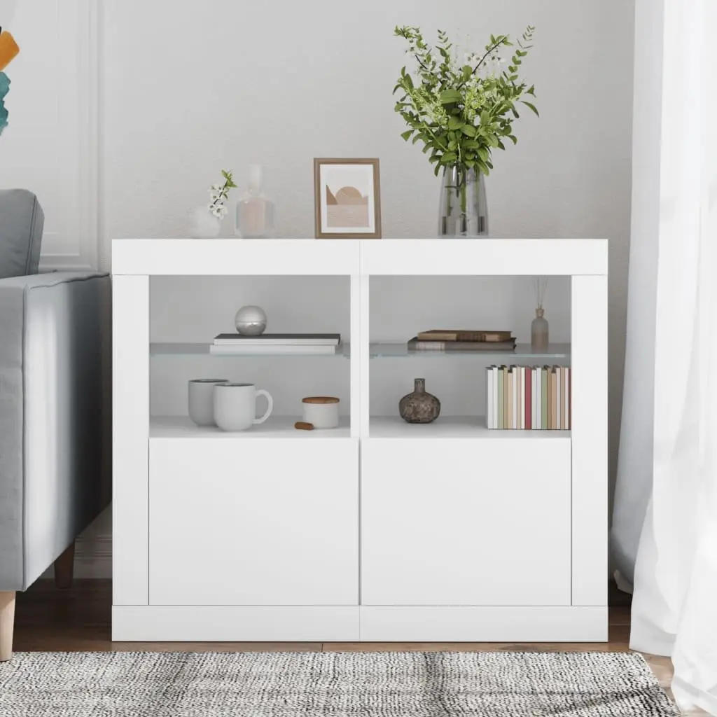RGB LED Side Cabinet, 2 pcs, White Engineered Wood