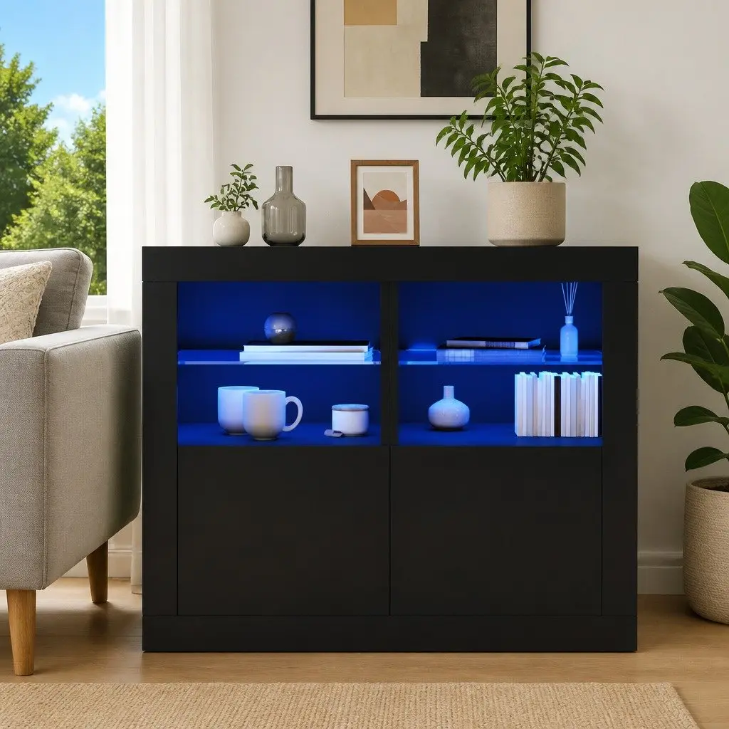 Side Storage Cabinet for Living Room Bedroom Office 2 Piece Black Engineered Wood with RGB LED Lights