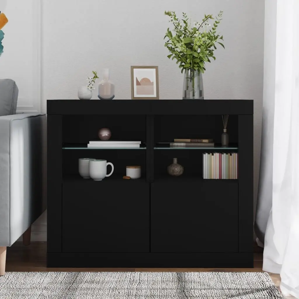 Side Storage Cabinet for Living Room Bedroom Office 2 Piece Black Engineered Wood with RGB LED Lights