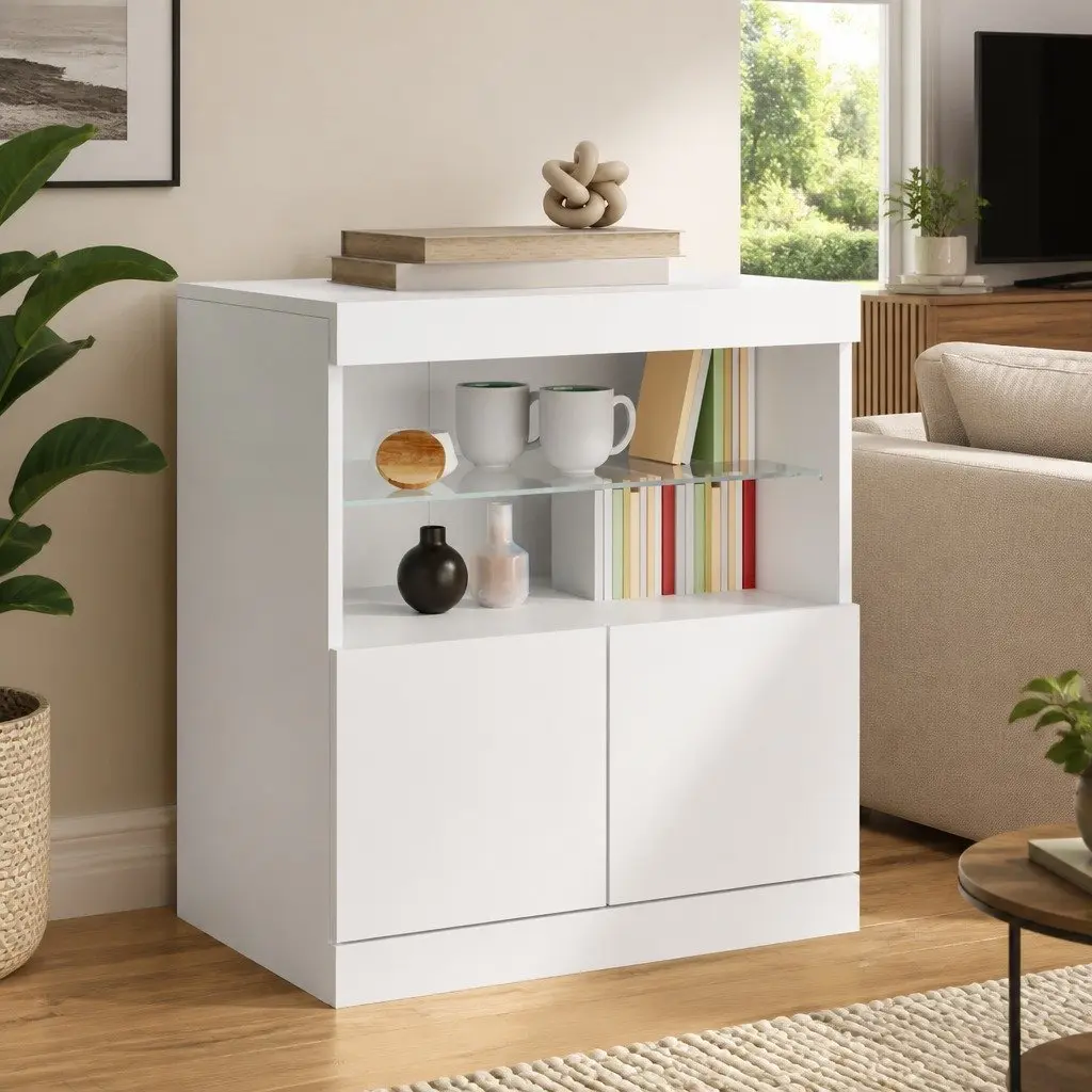 Sideboard Cabinet for Living Room White 60W x 37D x 67H cm with RGB LED Lights
