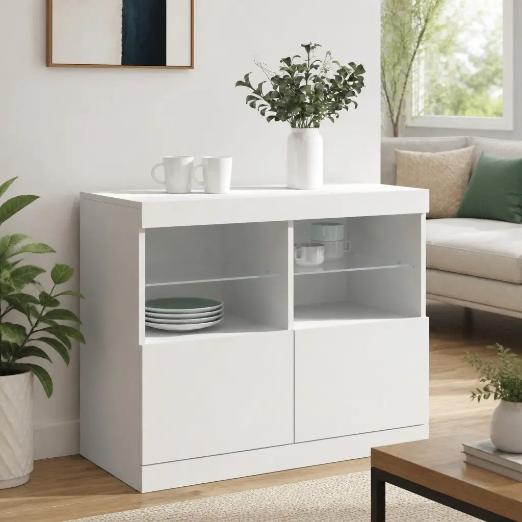 White Sideboard Cabinet for Living Room with RGB LED Lights 81 x 37 x 67 cm