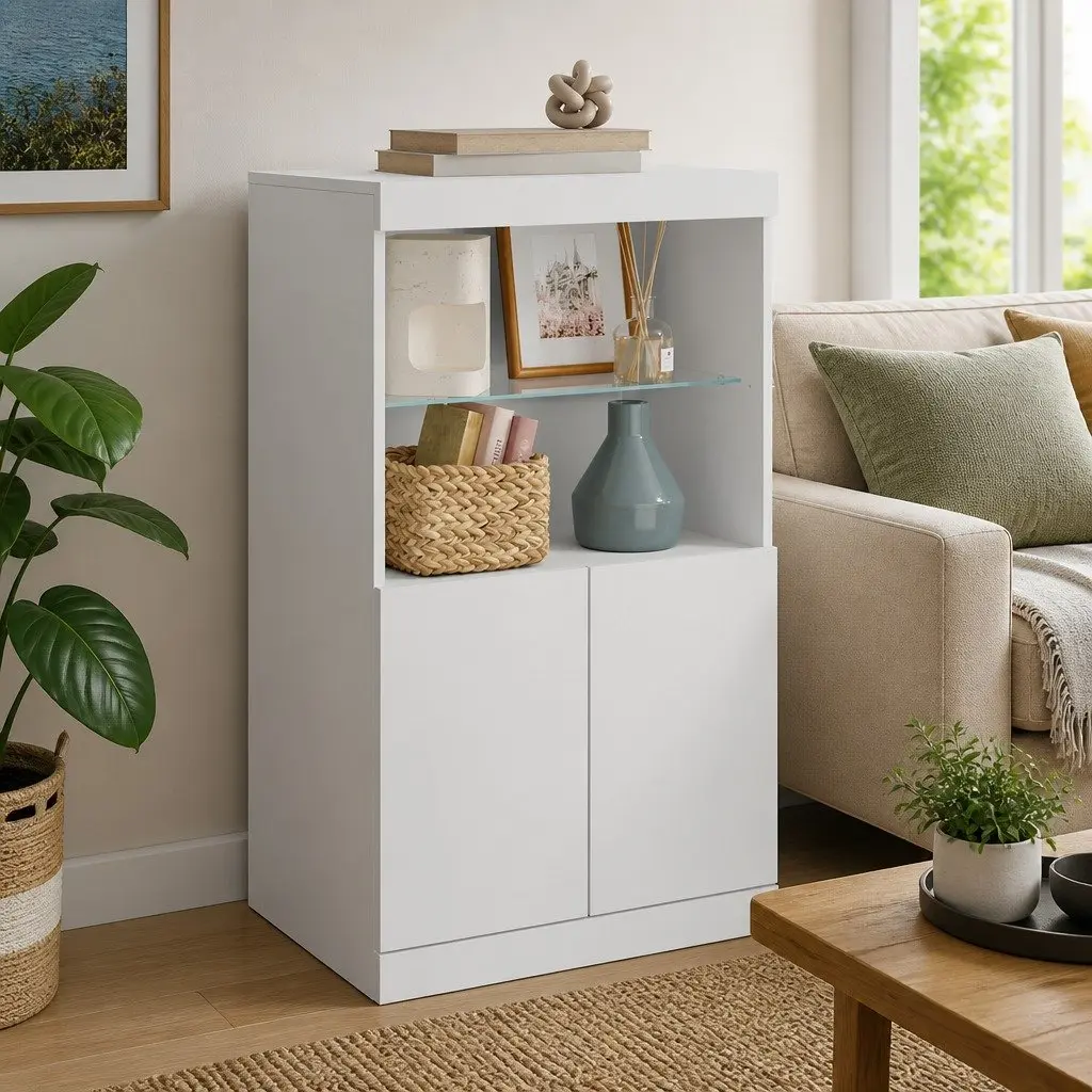 Sideboard for Living Room and Dining Area with RGB LED Lights White Storage Cabinet