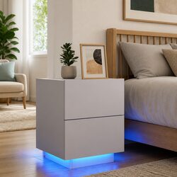 Functional Bedside Cabinet with RGB LED Lights - White