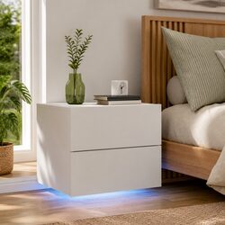 Wall-mounted Bedside Cabinet with RGB LED Lights White Floating Storage
