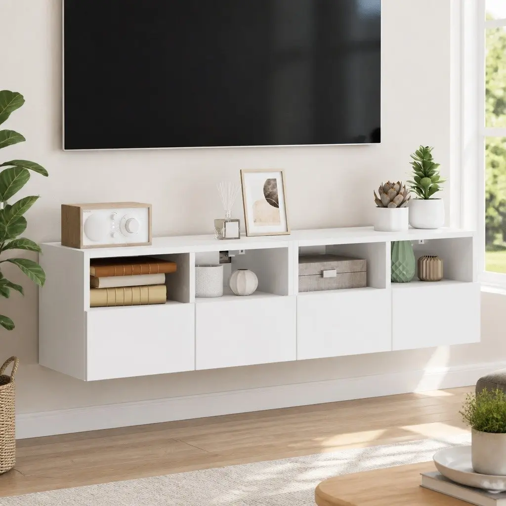 TV Wall Cabinet 60x30x30cm White Floating Storage Unit with Shelves and Door