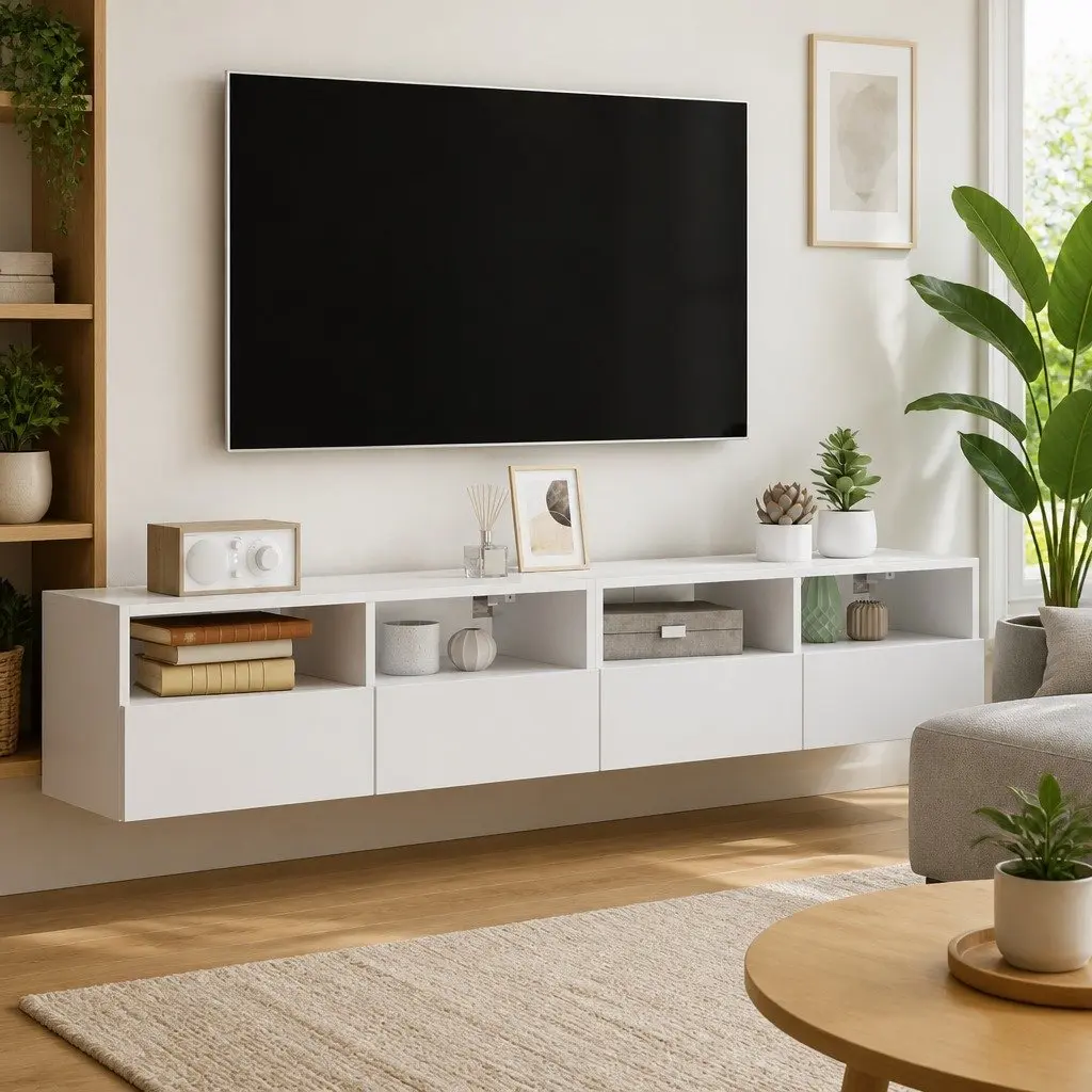 TV Wall Cabinets 2pcs White Floating Storage Unit Shelves Media Organiser