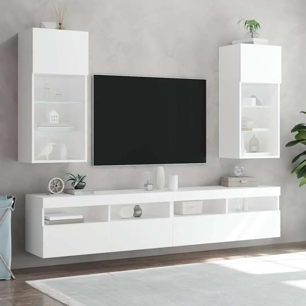 TV Cabinets Wall-Mounted Storage Units with RGB LED Lights 40.5x30x90cm White Set of 2