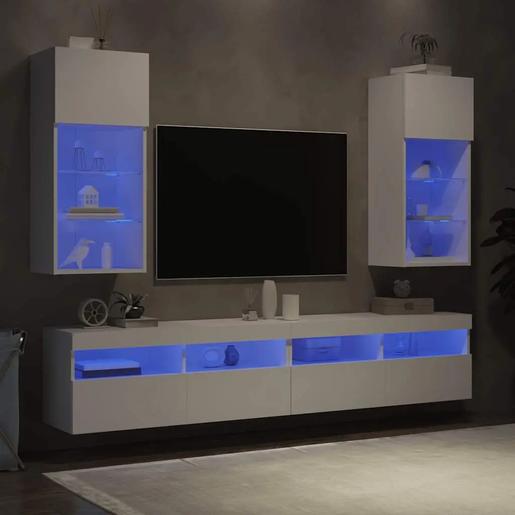 TV Cabinets Wall-Mounted Storage Units with RGB LED Lights 40.5x30x90cm White Set of 2