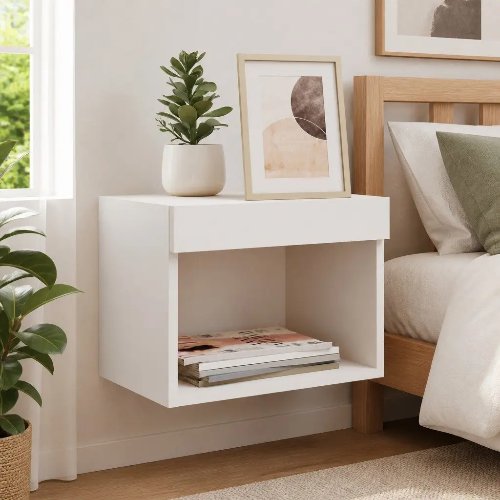 Wall-mounted Bedside Cabinet for Bedroom with RGB LED Lights White