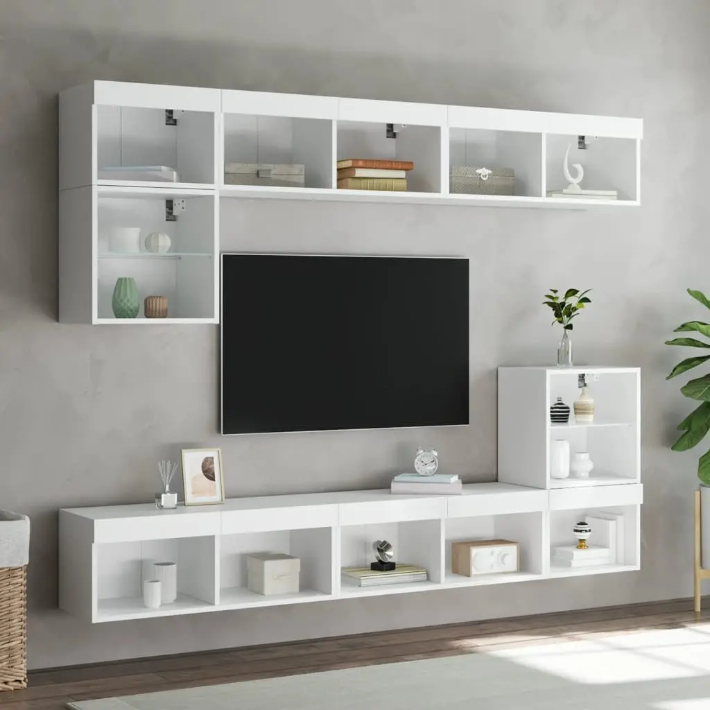 White Wall-Mounted TV Cabinet with LED Lights