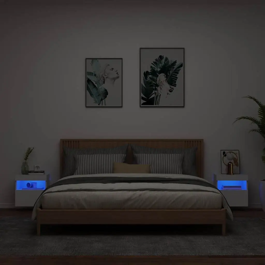 TV Wall Cabinets for Living Room 2 Piece White Floating Storage Unit with RGB LED Lights