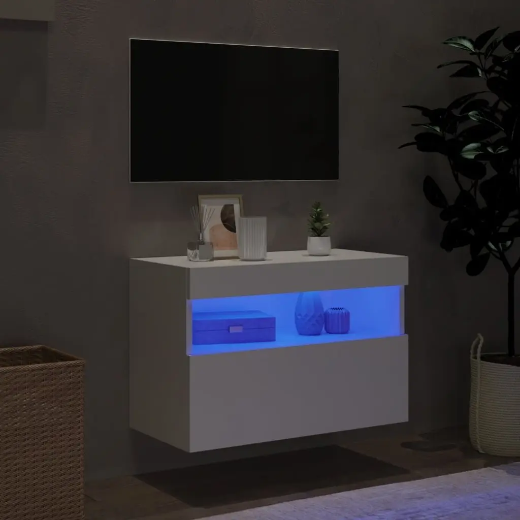 Floating Media Unit White 60x30x40cm RGB LED Lights for Living Room Storage