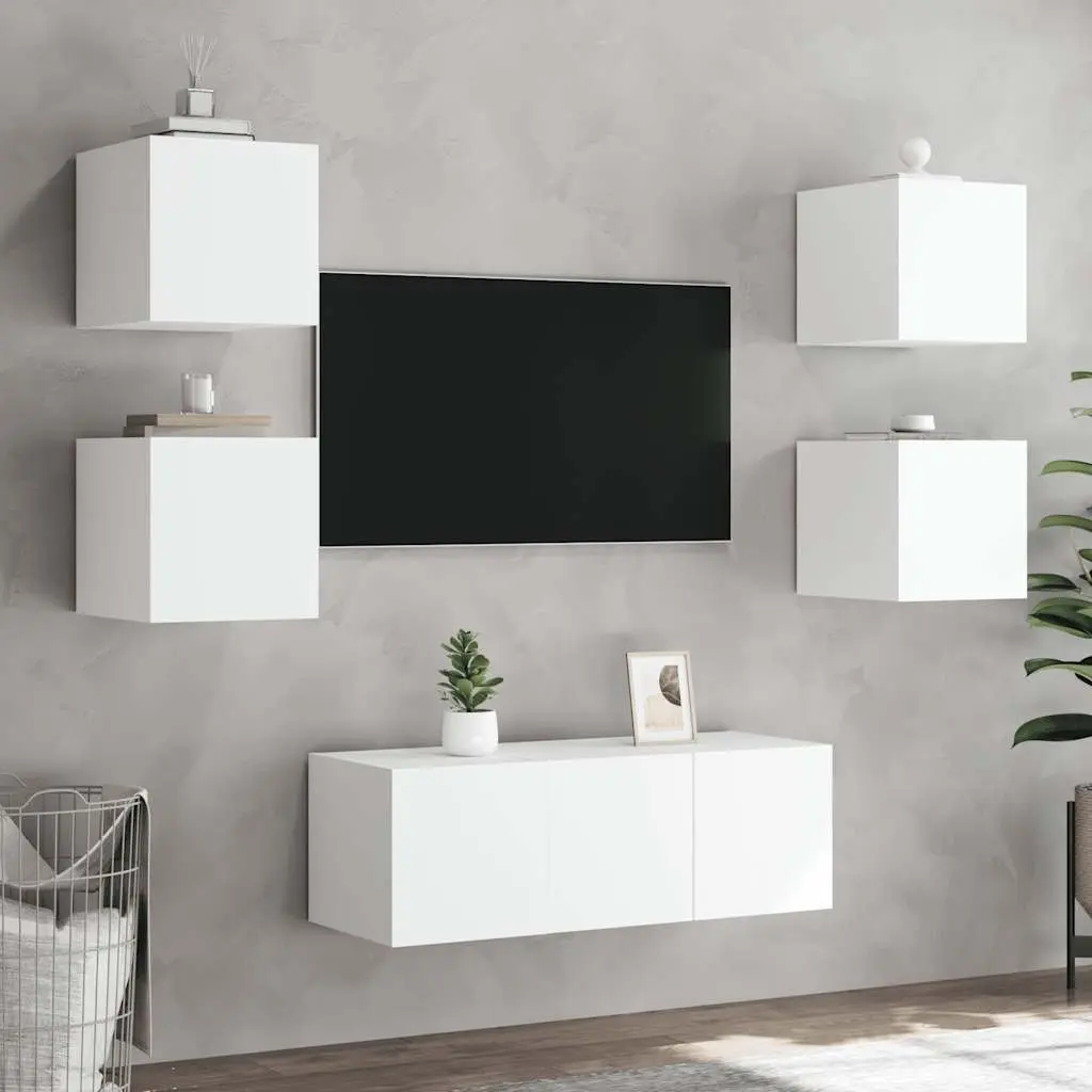 TV Wall Cabinets for Living Room 2 Piece White with RGB LED Lights