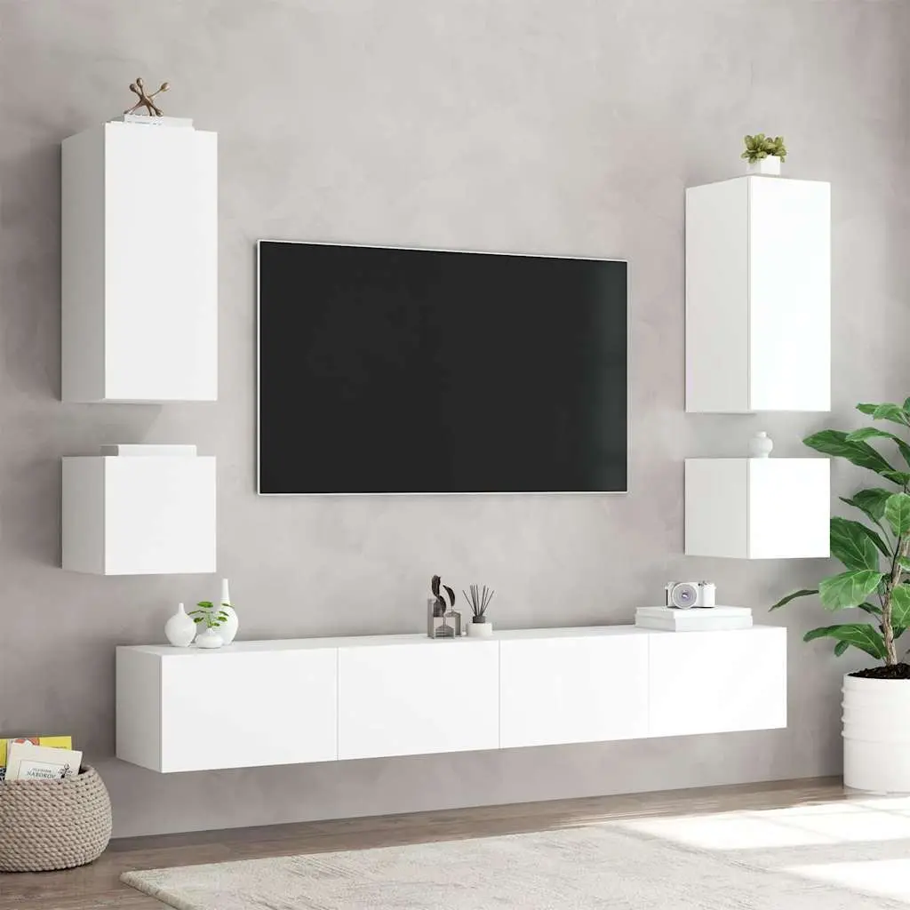 White Floating TV Wall Cabinets Set with LED Lights