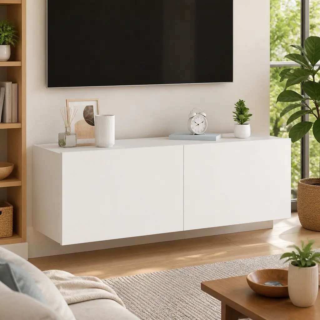TV Wall Cabinet for Living Room White Floating Media Unit with RGB LED Lights