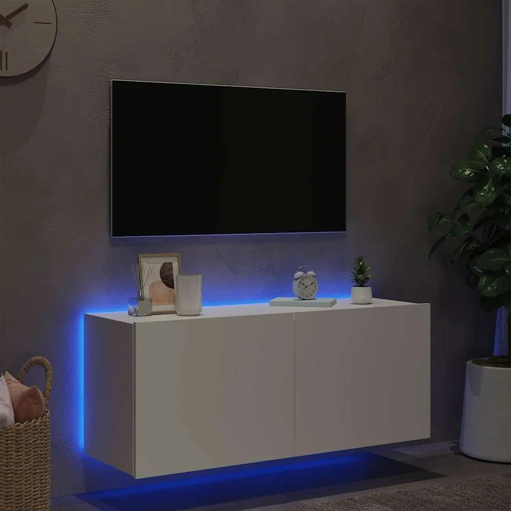 TV Wall Cabinet for Living Room White Floating Media Unit with RGB LED Lights