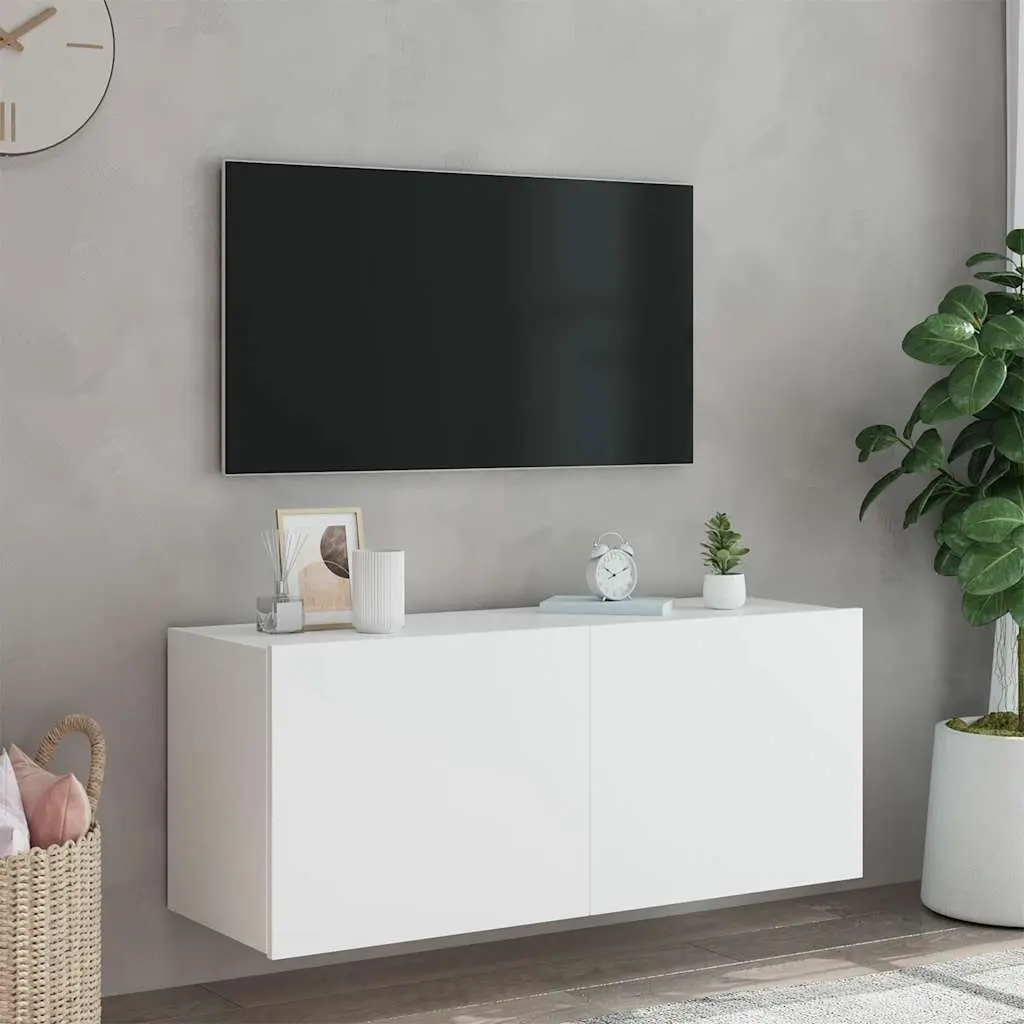 TV Wall Cabinet for Living Room White Floating Media Unit with RGB LED Lights