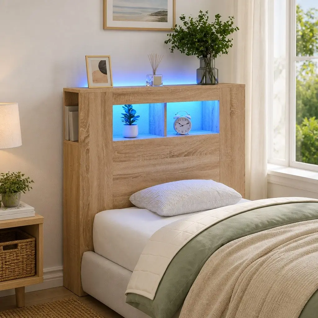 LED Headboard Bedroom Engineered Wood Brown Size 100 x 18.5 x 103.5 cm RGB Lights