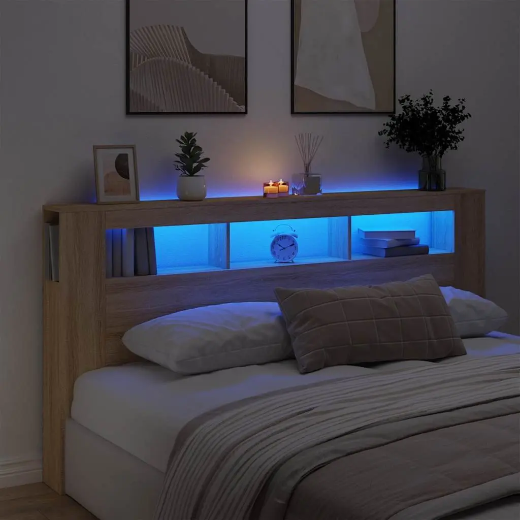 200cm Brown LED Headboard with RGB Lights & Storage