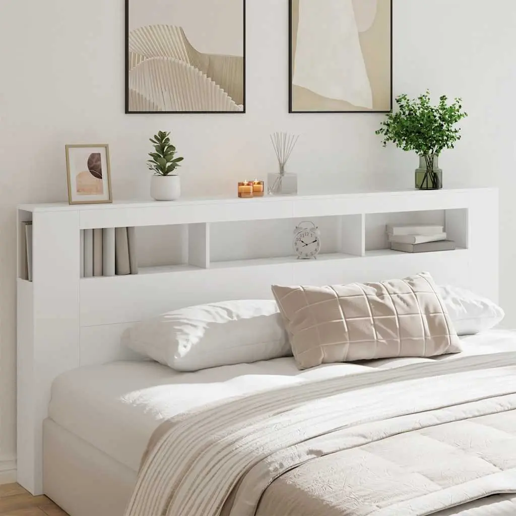 LED Headboard 220 cm White Modern Bedroom Engineered Wood RGB Lighting Storage