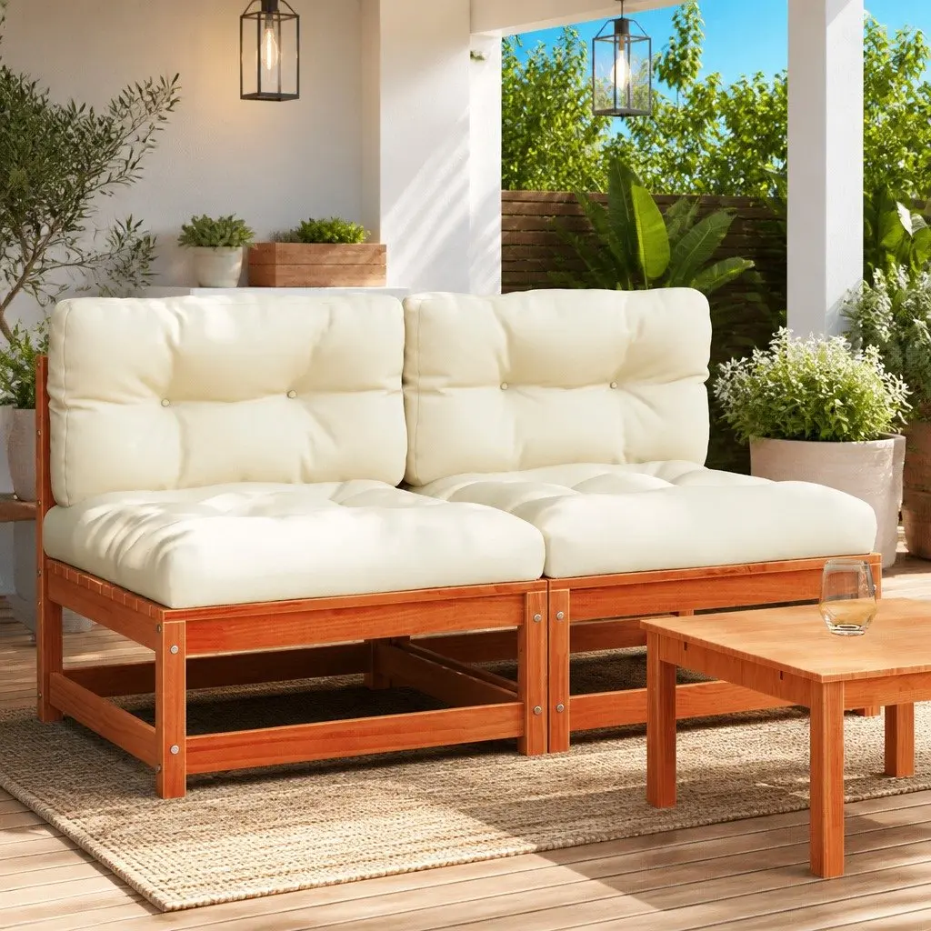 Armless Garden Sofa Set for Outdoor Use 2 Piece Brown Solid Pine Wood with Cushions
