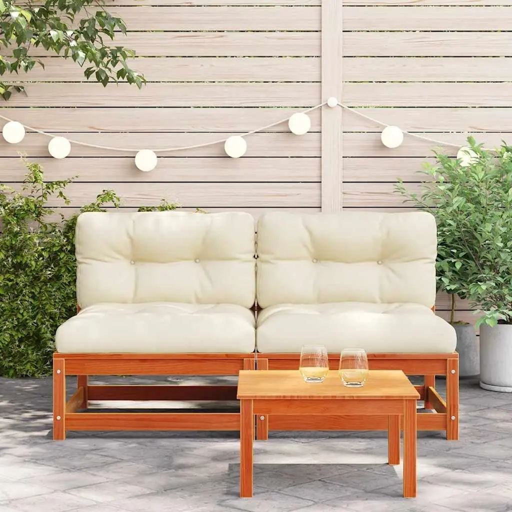 Armless Garden Sofa Set for Outdoor Use 2 Piece Brown Solid Pine Wood with Cushions