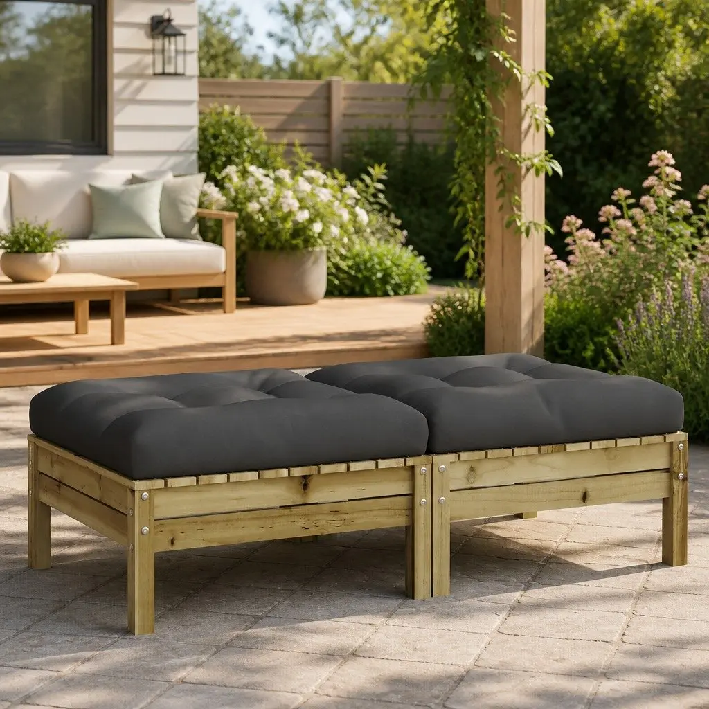 Outdoor Garden Footstools 2 Pieces Solid Wood Patio Ottoman with Cushions