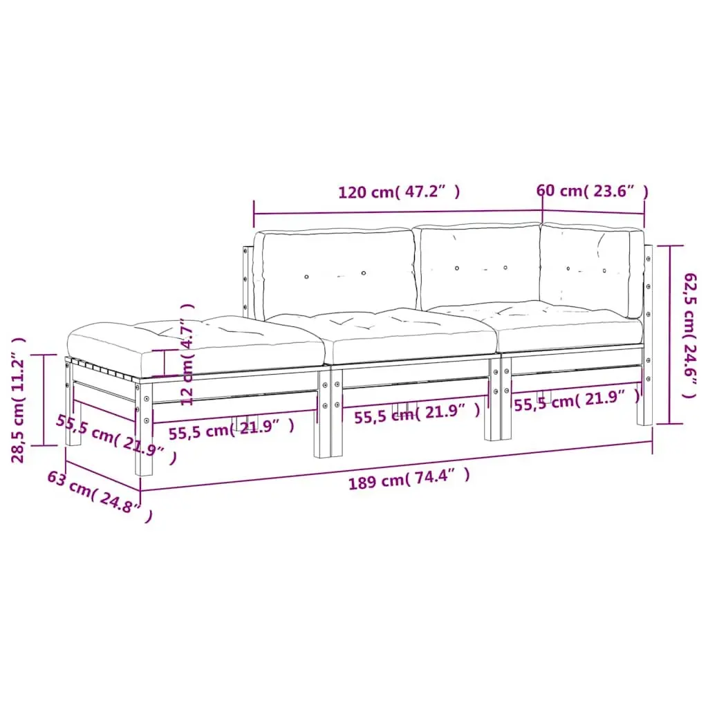 3-Seater Garden Sofa with Cushions Footstool Outdoor Patio Brown Wood