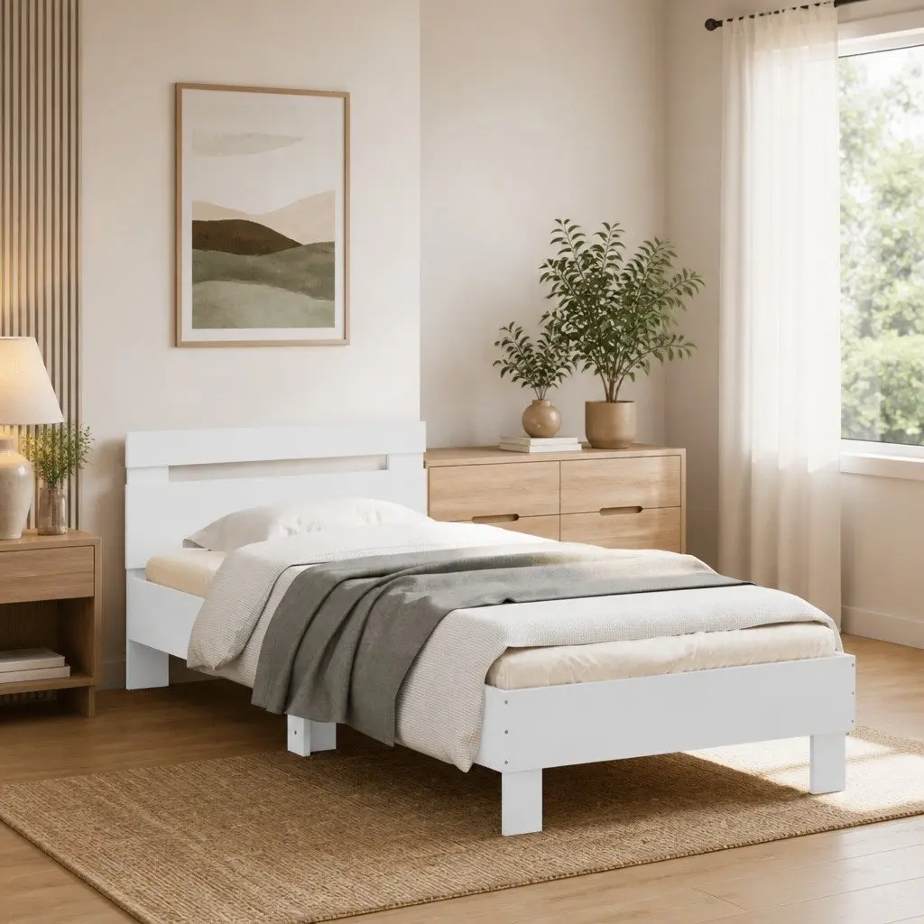 White Bed Frame with Headboard for Bedroom 90x190 cm