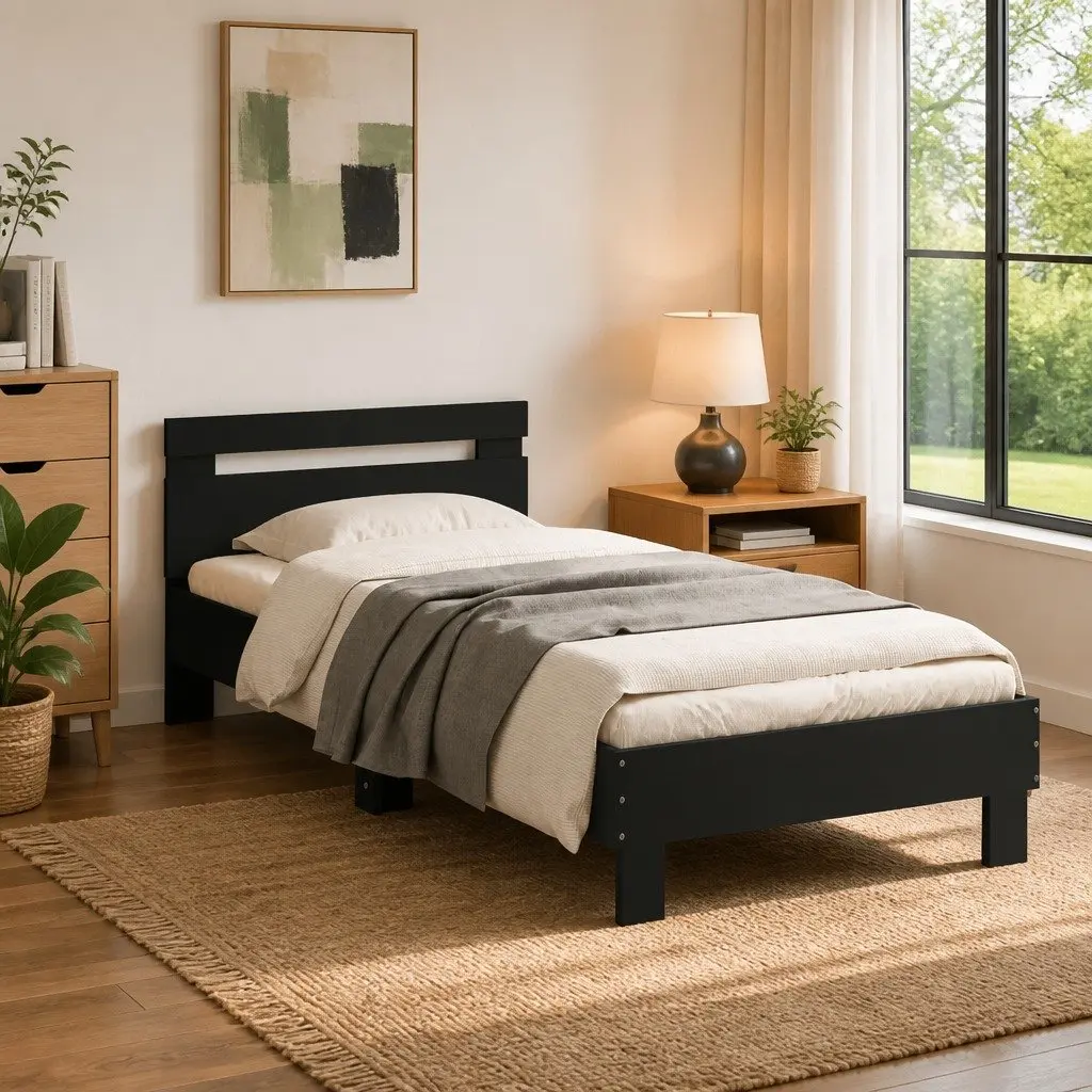 Black Bed Frame 90x190 cm with Engineered Wood Structure