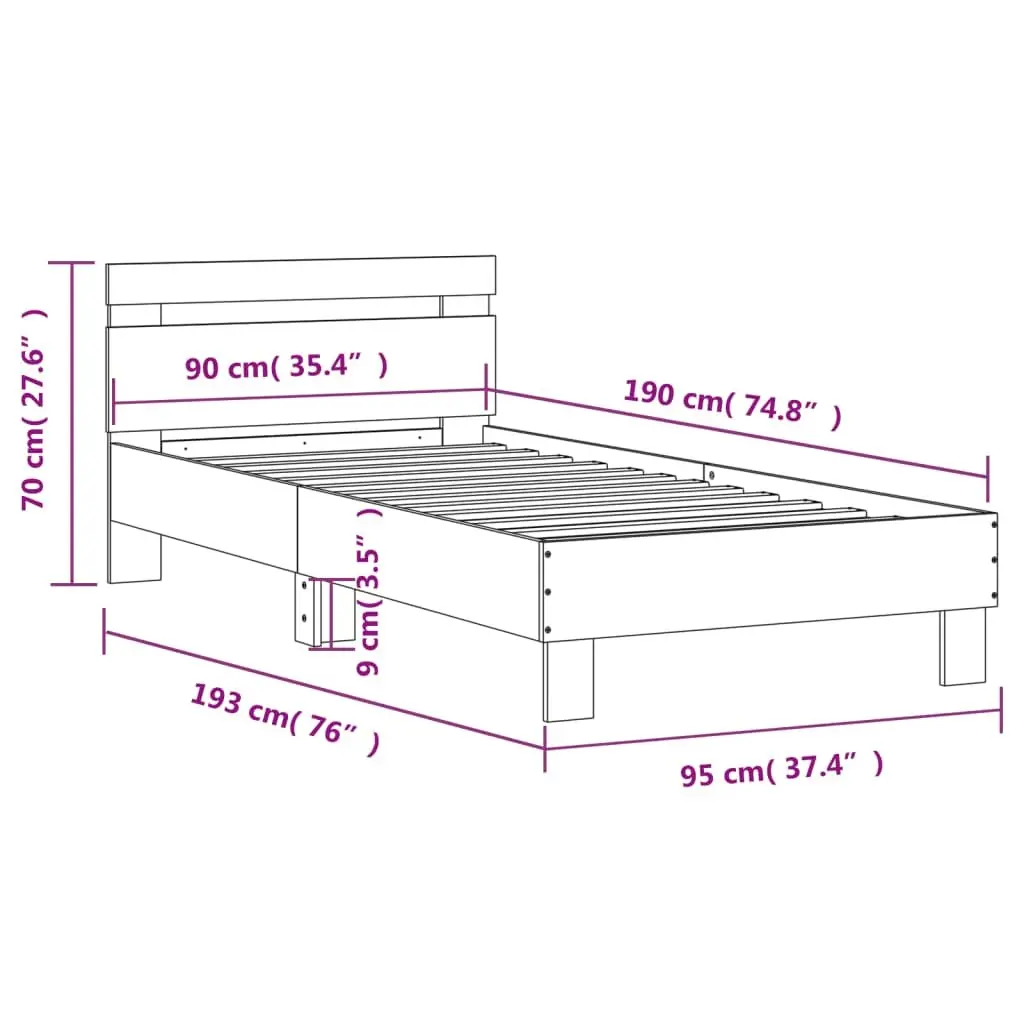 Bed Frame with Headboard for Bedroom Brown Engineered Wood 90x190 cm