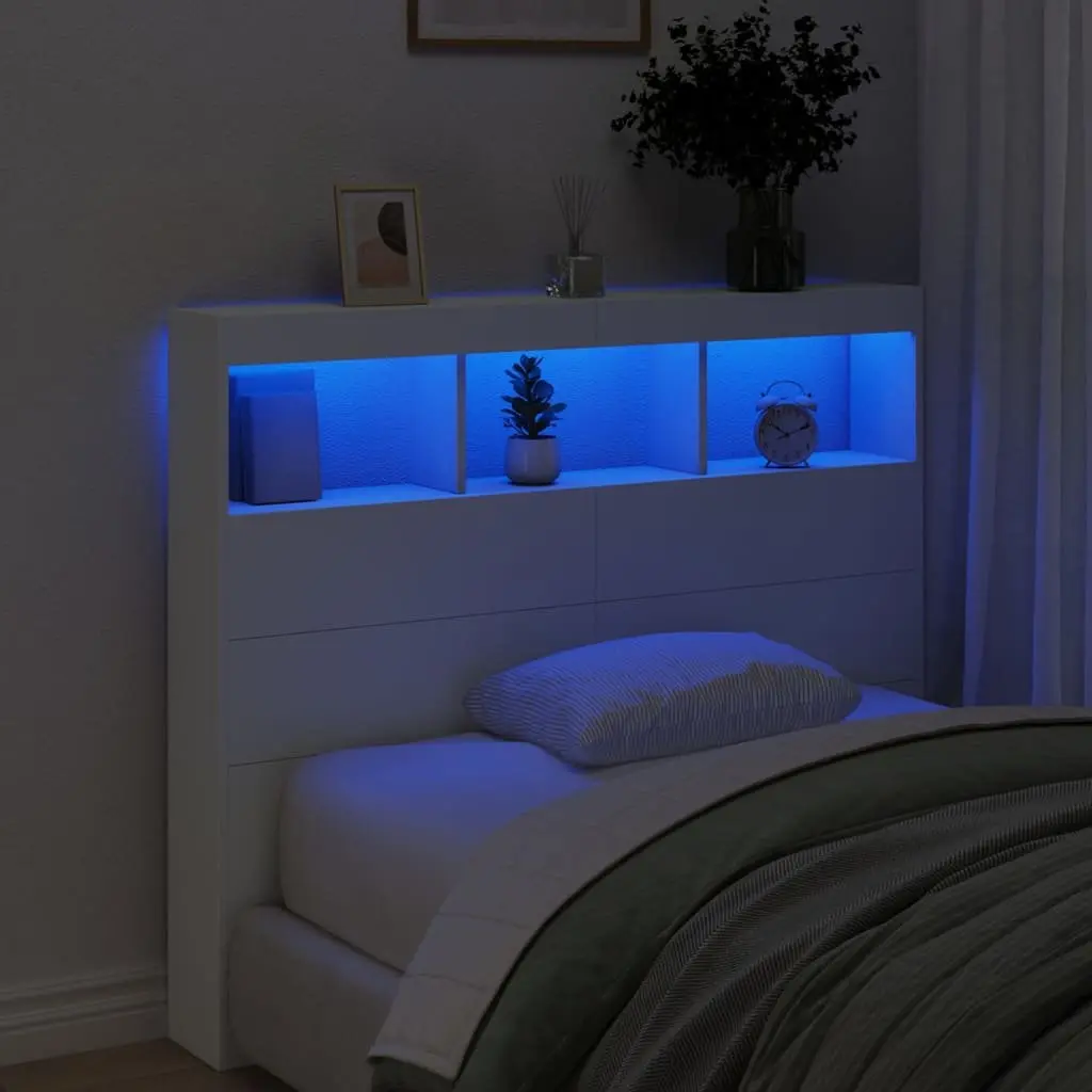 Headboard Cabinet with RGB LED Lights White 120cm Modern Bedroom Storage