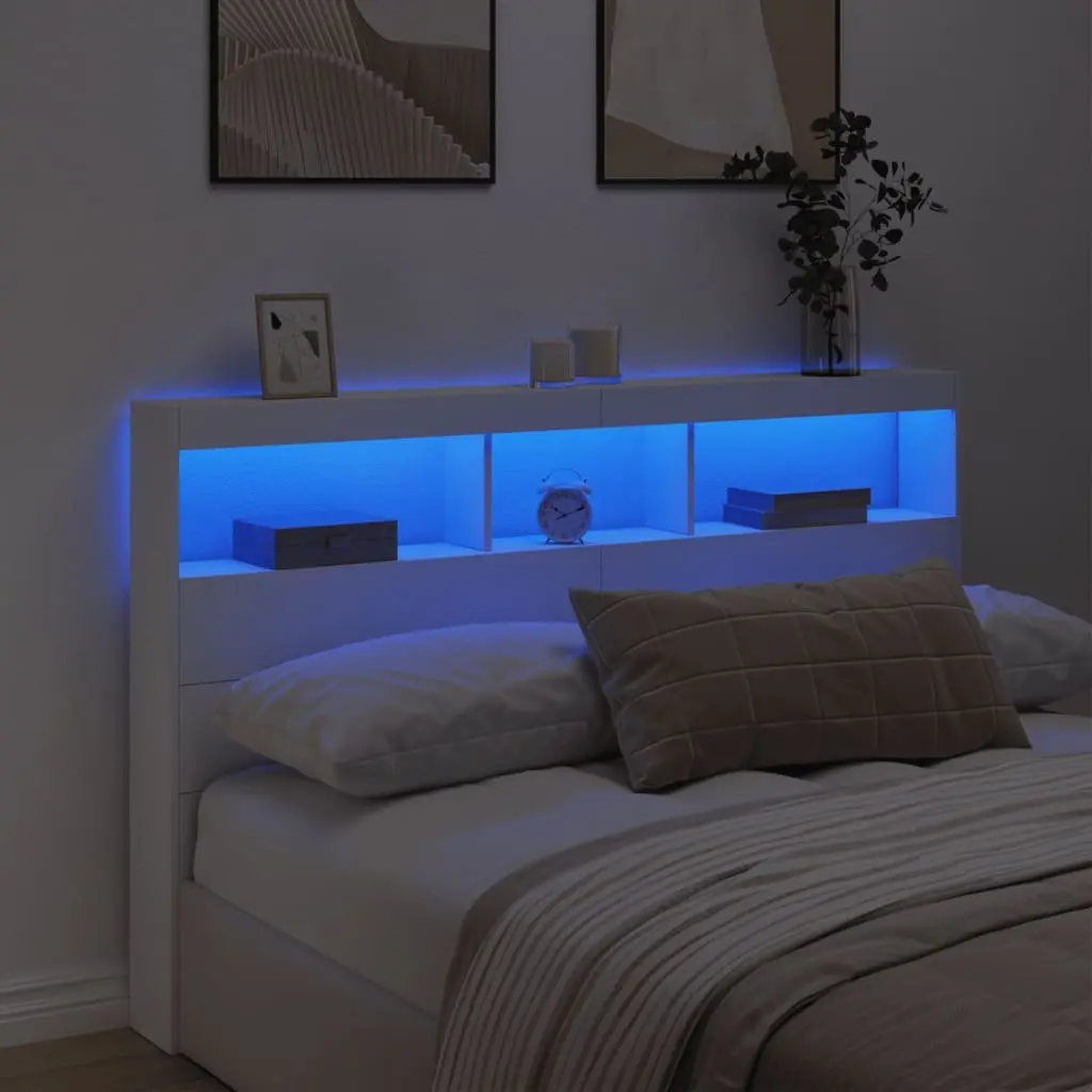 Headboard Cabinet with LED Lights White 160x17x102 cm Bedroom Storage