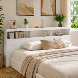 220x17x102cm White LED Headboard Cabinet with Storage Options