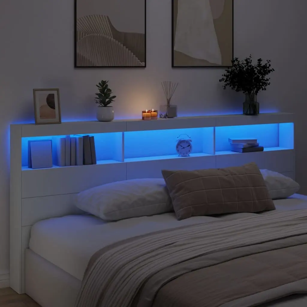 220x17x102cm White LED Headboard Cabinet with Storage Options