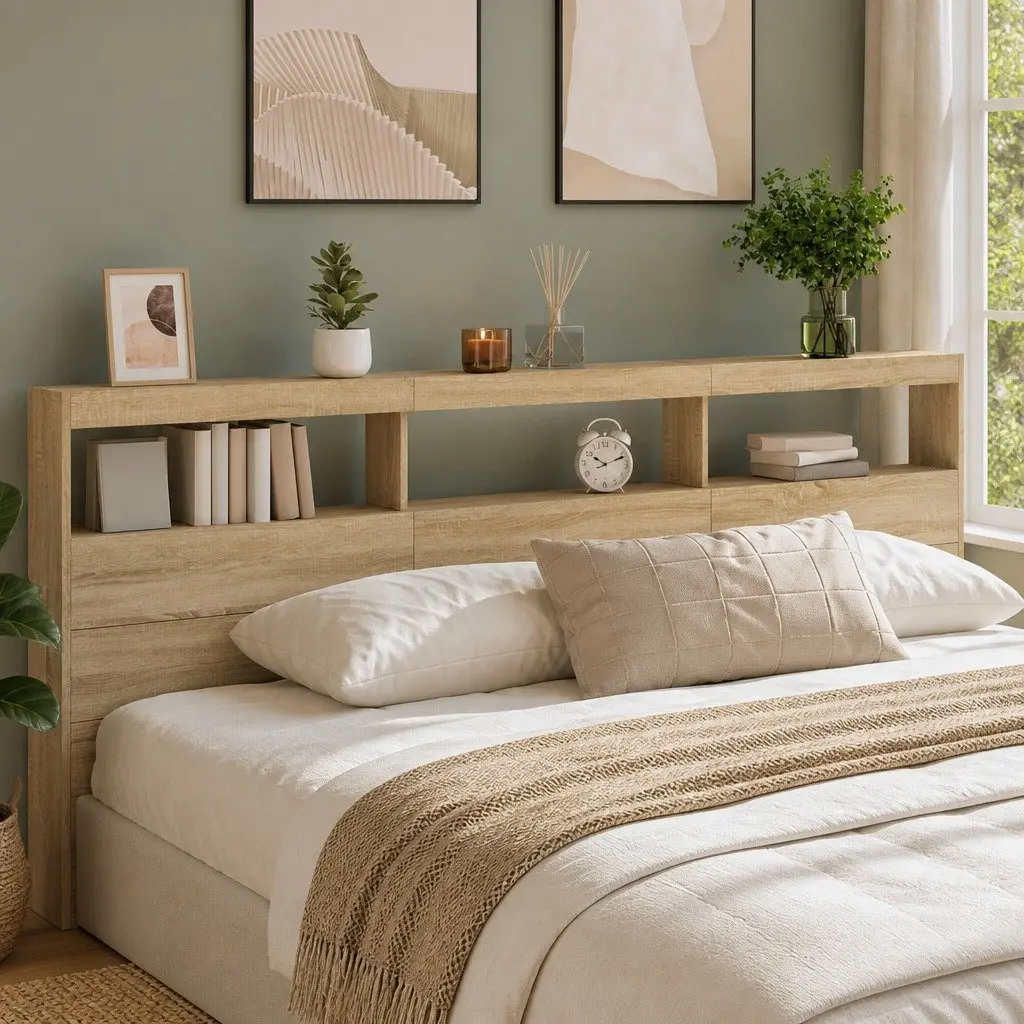 Brown Headboard Cabinet with LED Lighting