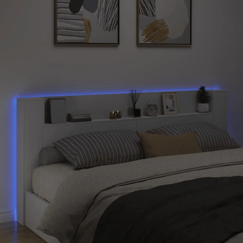 RGB LED White Headboard Cabinet 220cm with Storage Shelf