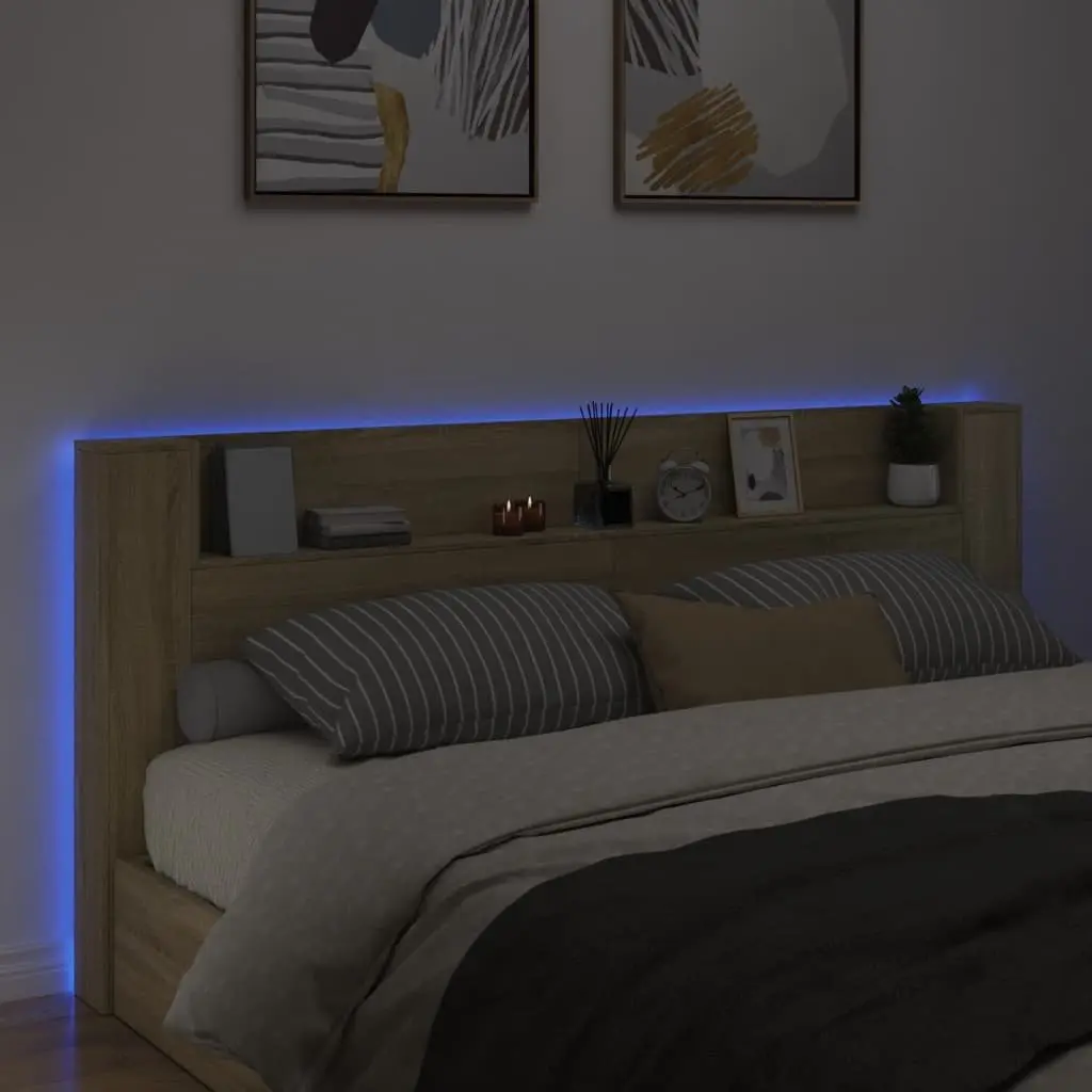 Headboard Cabinet with RGB LED Lights for Bedroom 220 x 16.5 x 103.5 cm Brown Engineered Wood