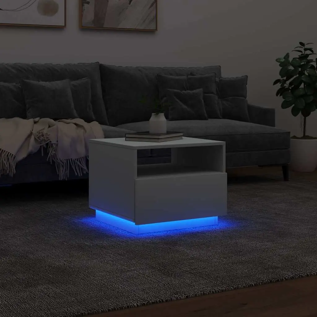 Coffee Table with RGB LED Lights White Modern Living Room Accent Side Table