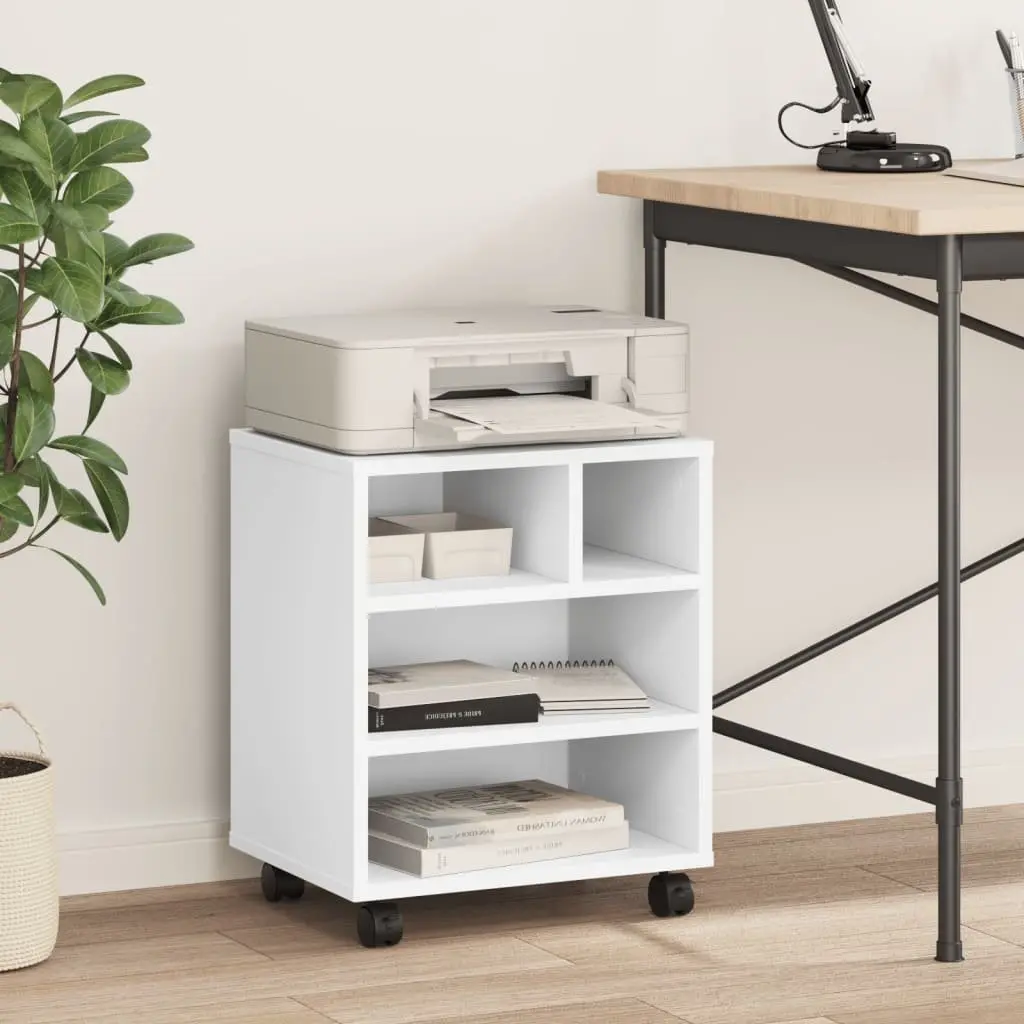 Printer Stand with Wheels White Engineered Wood Mobile Organiser Storage Shelf