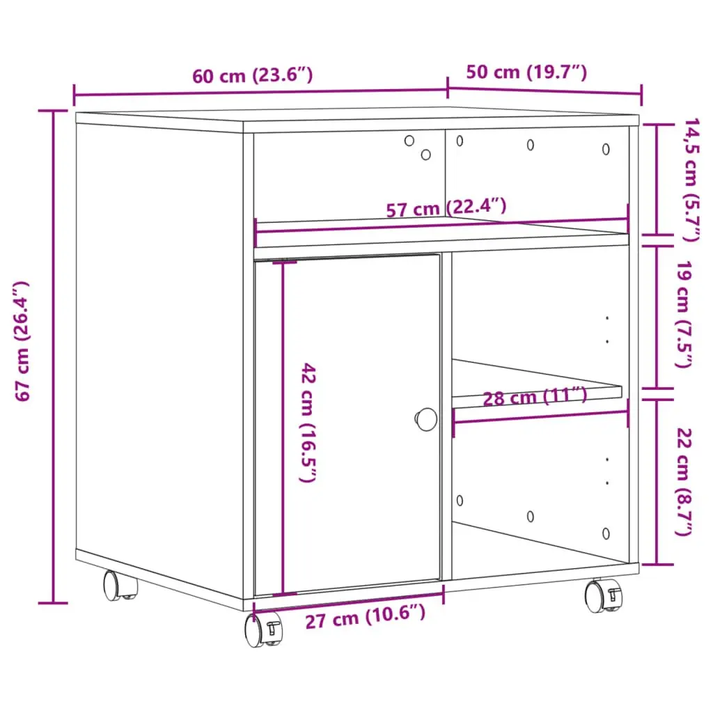 Printer Stand with Wheels for Office Organiser White 60 x 50 x 67 cm