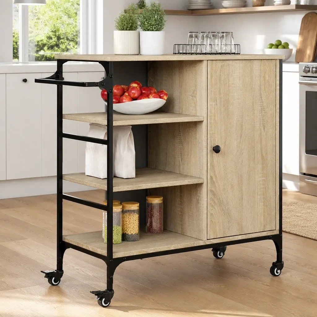 Brown Kitchen Cart with Wheels and Towel Rack Adjustable Shelves for Home Use 875x385x845mm