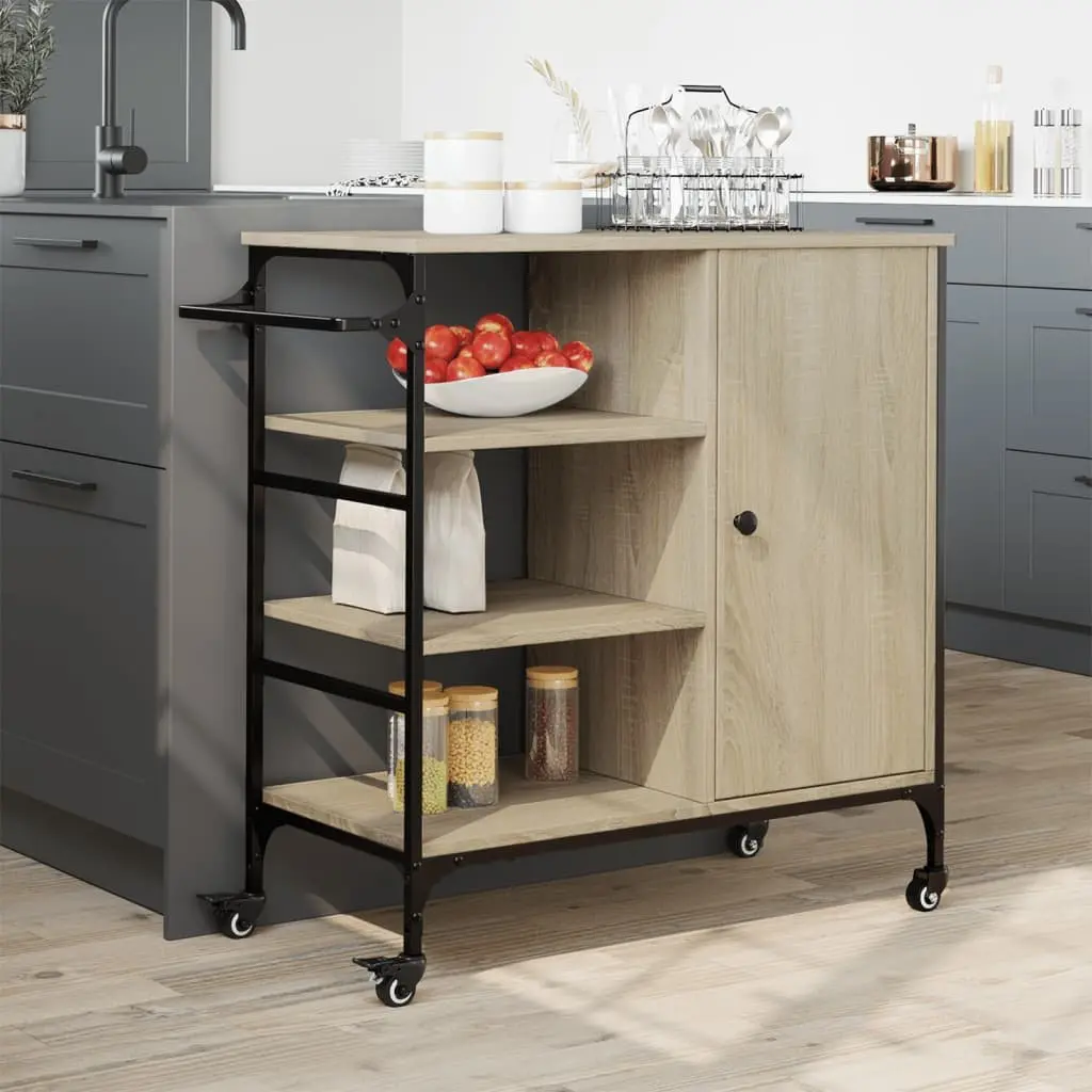 Brown Kitchen Cart with Wheels and Towel Rack Adjustable Shelves for Home Use 875x385x845mm